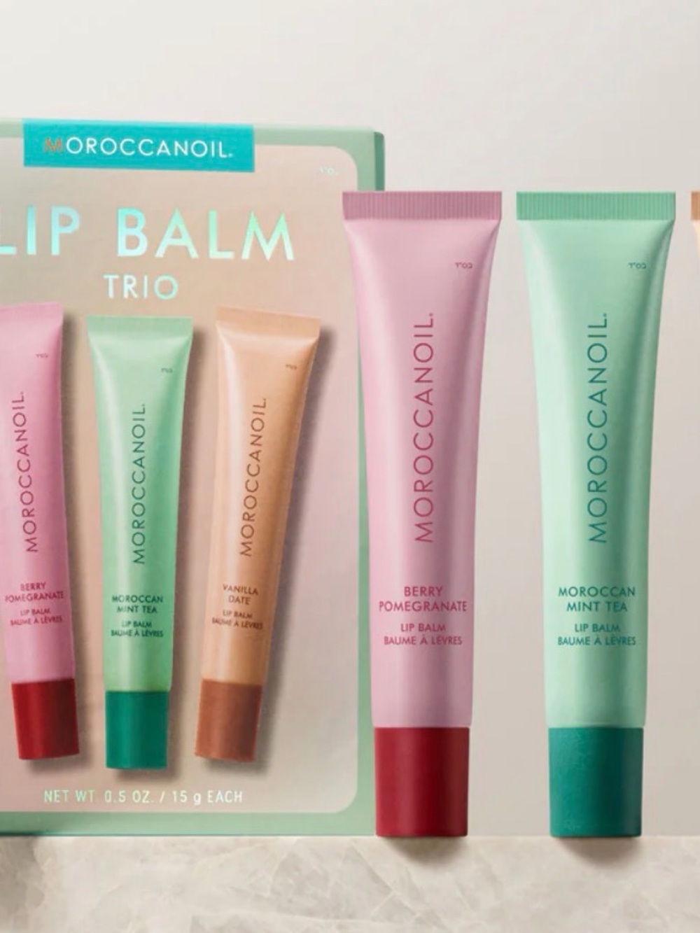 Moroccanoil Lip Balm Trio - Pink, Mint & Beige Tubes